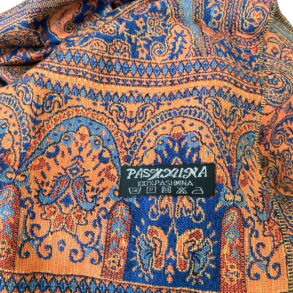 VTG 100% Cashmere Pashmina Paisley Scarf Orange Blue Wrap Shawl Two Sided 80x28 - Picture 2 of 7